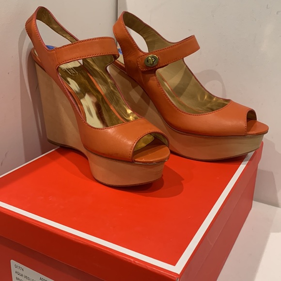NWB - NEW Coach 🍊 Platform Sandal Wedge Aqua Veg Leather Shoe Tangerine Orange - Picture 11 of 15
